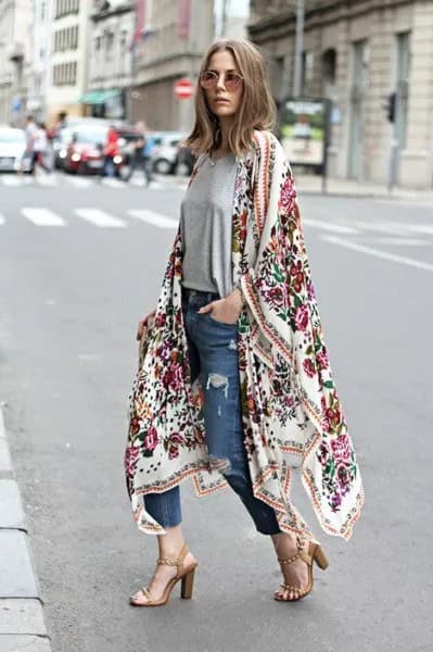 White Maxi Floral Printed Maxi Cardigan with Blue Slim Fit Cropped Jeans