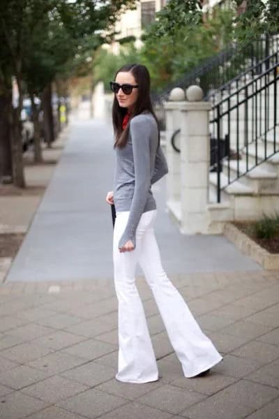 Grey Long Sleeve Fitted Tee with White Flared Jeans