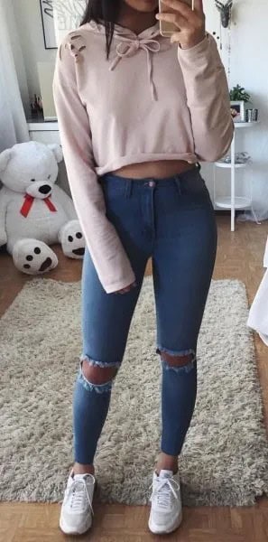 Pale Pink Cropped Pullover Hoodie with Ripped Skinny Jeans