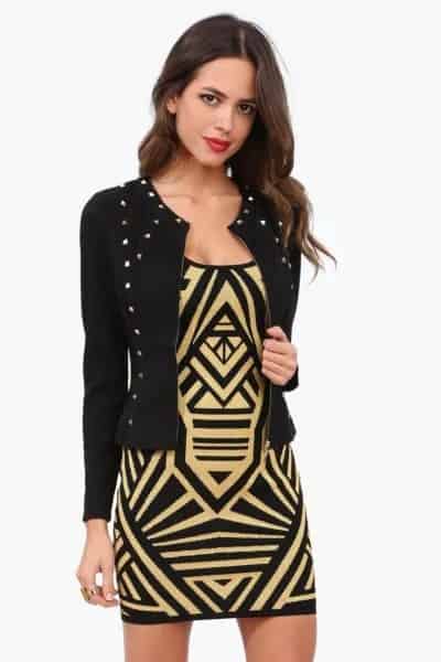 Black and Gold Printed Shift Dress with Black Studded Jacket