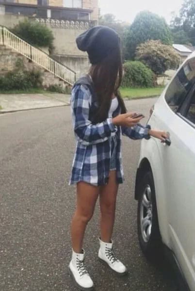 White Combat Boots with Plaid Boyfriend Shirt