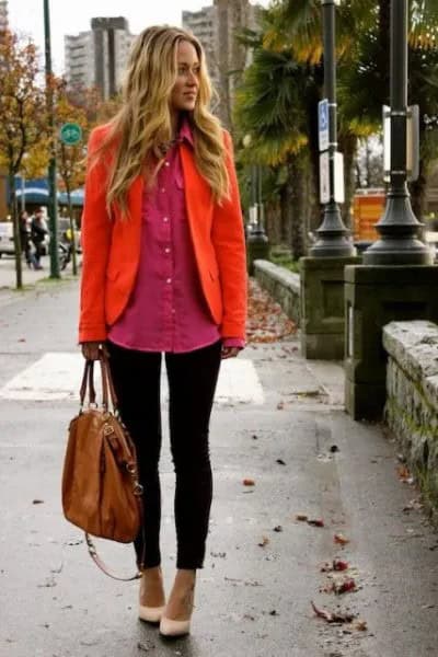 Orange Blazer with Blush Oversized Button Up Shirt