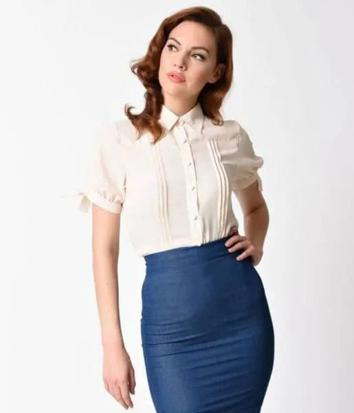 Cream Slim Fit Collar Shirt with Navy Blue Bodycon Midi Skirt