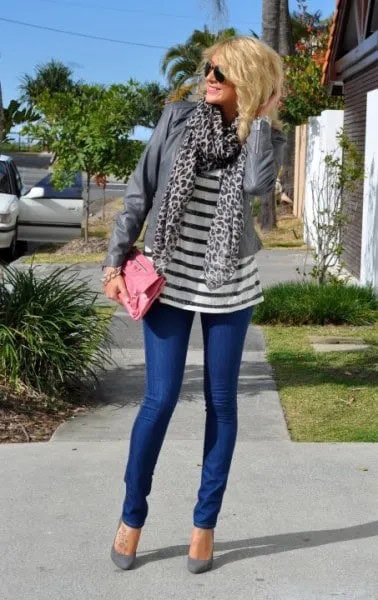 Wear with Black and White Striped Tee & Grey Leopard Print Scarf