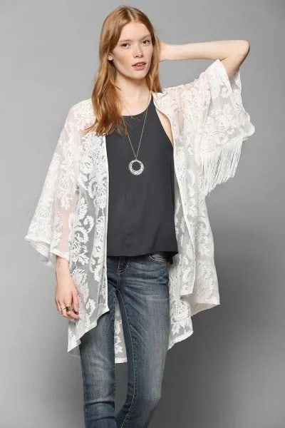 White Lace Kimono with Black Vest Top & Skinny Jeans