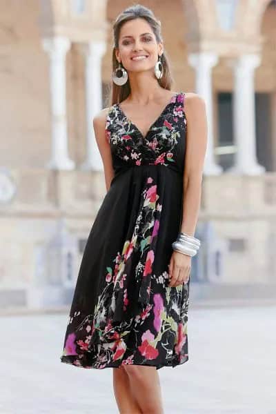 Black Fit and Flare Midi Floral Print V Neck Wrap Dress