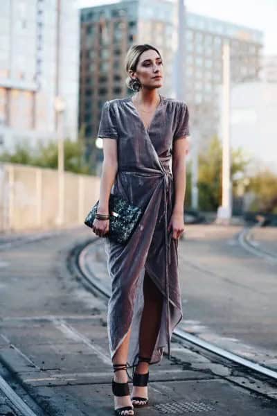 Grey High Low Maxi Dress with Black Clutch Bag