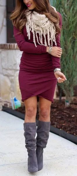 Grey Suede Knee High Boots with Burgundy Bodycon Wrap Dress