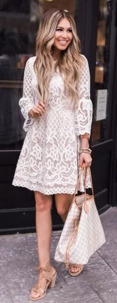 White Lace Long Sleeve Swing Dress with Pink Strappy Heels