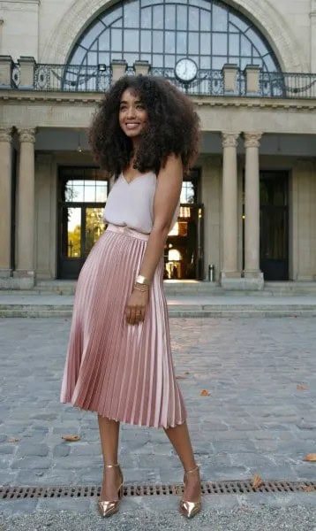 Blush V Neck Vest Top with Pink Velvet Midi Pleated Skirt