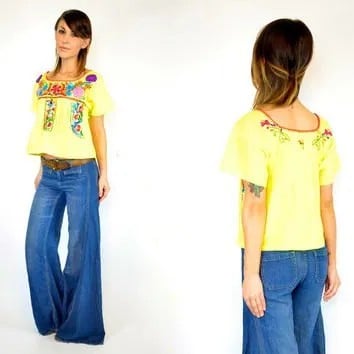 Yellow Mexican Peasant Blouse with Blue Flared Jeans