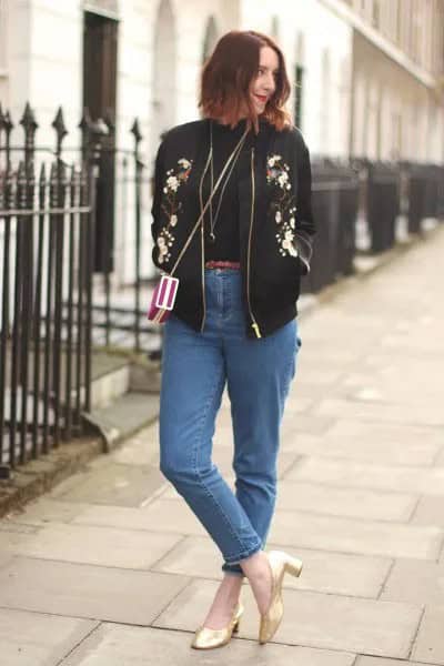 Black Bomber Jacket with Mom Jeans