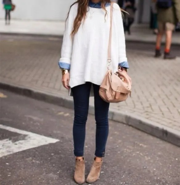 White Chunky Oversized Sweater with Light Blue Chambray Button Up Shirt