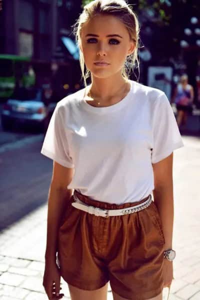 T Shirt with Khaki Flowy Shorts & White Belt