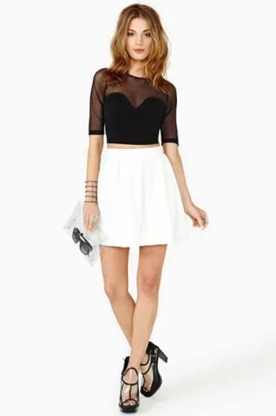 Half Sleeve Black Cropped Mesh Top with White Skater Skirt