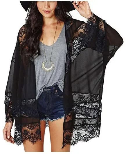 Black Lace Sheer Kimono with Grey V Neck Tee & Denim Shorts