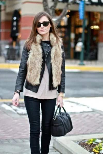 Black Moto Jacket with Faux Fur Vest & Skinny Jeans