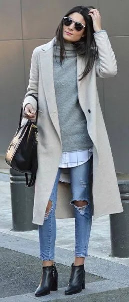 Light Grey Longline Wool Coat with Cowl Neck Cashmere Sweater