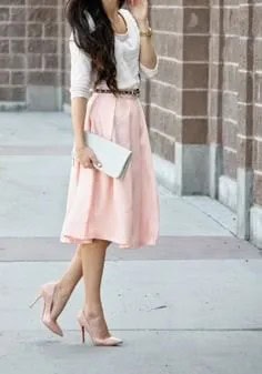 White Half Sleeve Sweater with Pale Yellow Midi Flare Skirt & Light Pink Heels