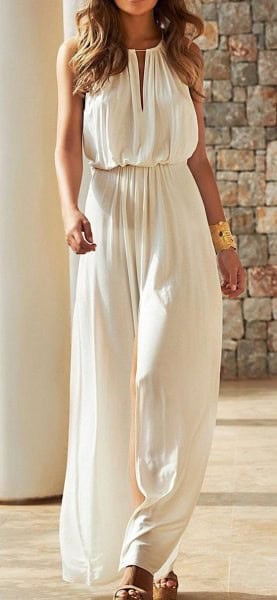 White Gathered Waist Key Hole Long Summer Dress