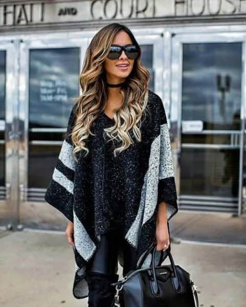 Black Knit Poncho with Wide White Stripes