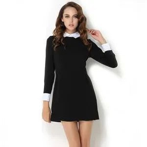 Black and White Long Sleeve Collared Mini Sheath Dress