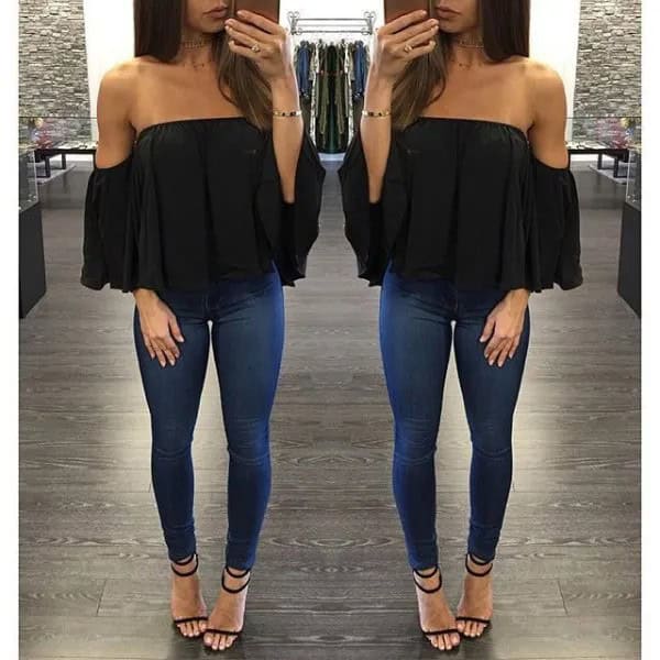 Black Off the Shoulder Blouse with Purple Leggings