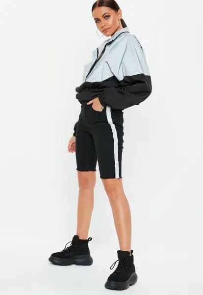 White and Black Color Block Windbreaker with Mini Shorts