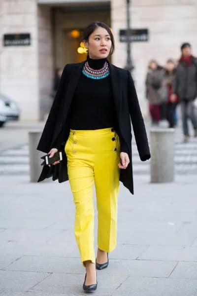 Black Blazer with Statement Necklace & Yellow Straight Leg Chinos