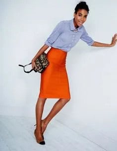 Blue Cuffed Chambray Button Up Shirt with Midi Orange Skirt