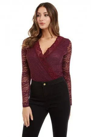 Burgundy Lace V Neck Blouse with Black Skinny Jeans