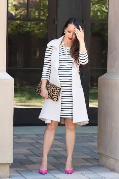 Sleeveless Coat with Black and White Striped Long Sleeve T Shirt Dress