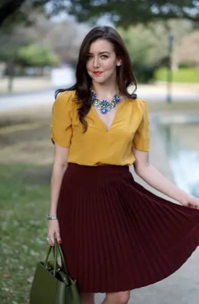 Mustard Shirt with Silver Statement Necklace with Burgundy Pleated Skirt