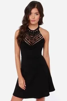 Black Halter Mini Skater Sundress with Silver Studded Details