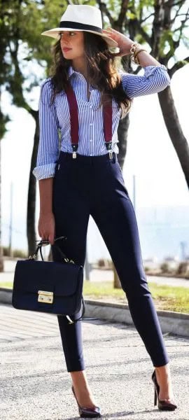 Blue and White Striped Shirt with Suspender Twill Pants