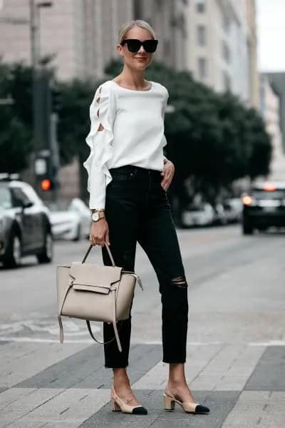 Cutout White Sweater with Ankle Black Jeans & Pink Heels