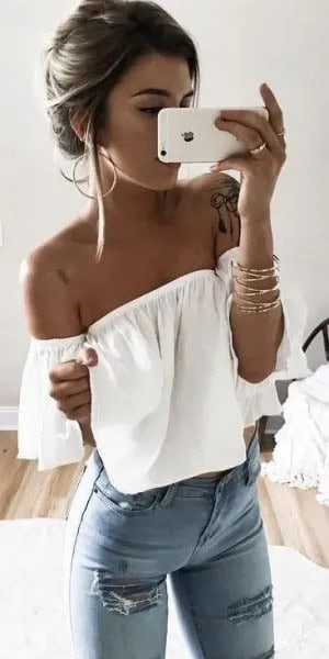 White Off The Shoulder Evening Top with Light Blue Skinny Jeans