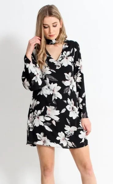 Black Floral Bell Sleeve Dress with Choker