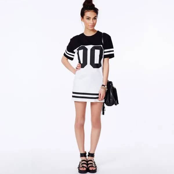 Black and White Baseball T Shirt Dress with Sandals