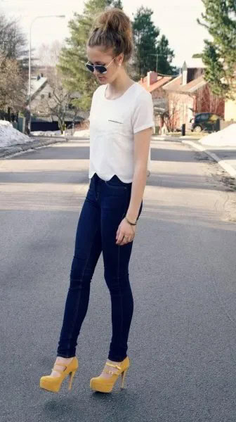 White Scalloped T Shirt with Dark Blue Jeans & Yellow Heels