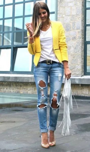 Yellow Casual Summer Blazer with Heavily Ripped Boyfriend Jeans