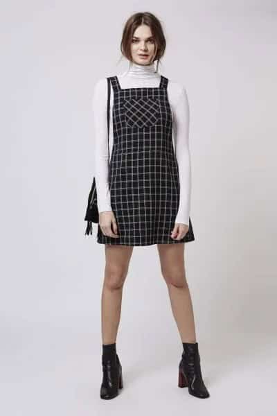 White High Neck Sweater & Black Printed Pinafore Skater Dress