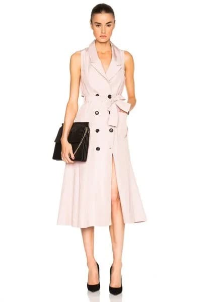 Pale Pink Gathered Waist Midi Flared Vest Dress