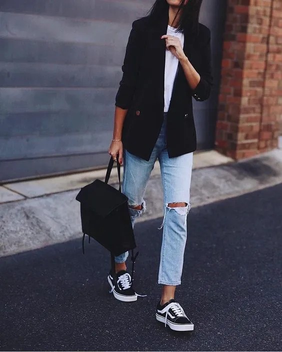 Navy Blue Blazer + Black Sneakers