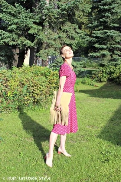 Pink and White Polka Dot Midi Dress with Pale Yellow Suede Purse