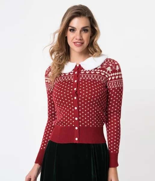 Red and White Christmas Printed Button Up Cardigan with Black Skirt