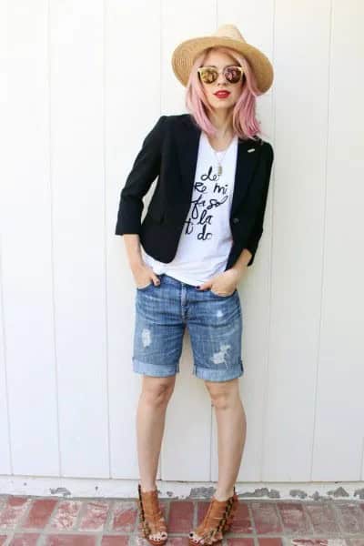 Denim Shorts with White Tee & Black Blazer