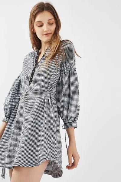 Plaid Puff Sleeve Belted Mini Dress