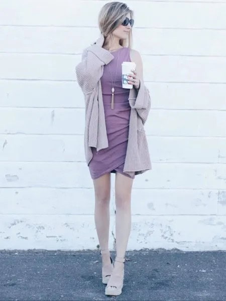 Pale Purple Cardigan with Matching Sleeveless Shift Mini Tulip Dress