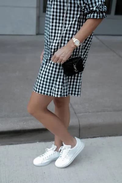 Black and White Checkered Mini Shift Dress with Low Top Sneakers